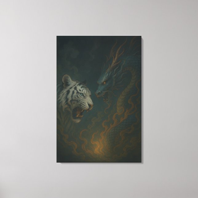 Dragon vs White Tiger – Mystical Fantasy Wall Art  Canvastryck (Framsida)