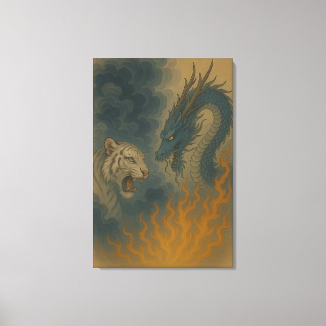 Dragon vs White Tiger – Mystical Fantasy Wall Art  Canvastryck (Framsida)