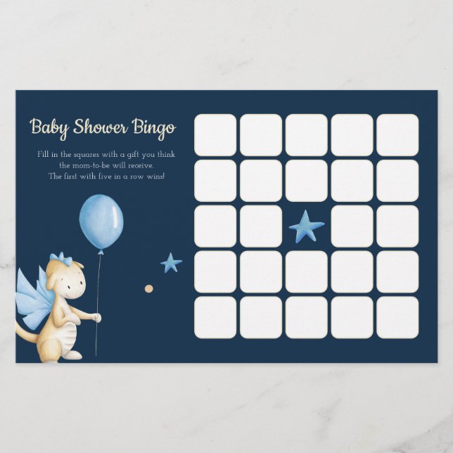 Dragon with Balloon Blue Baby Shower Bingo Card (Framsida)