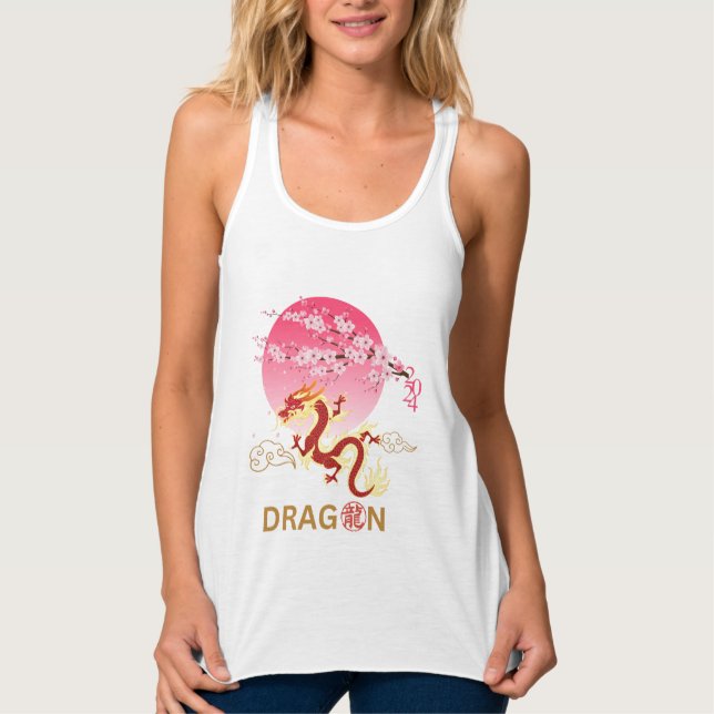 Dragon with Cherry Blommar Linne Med Racerback (Framsida)