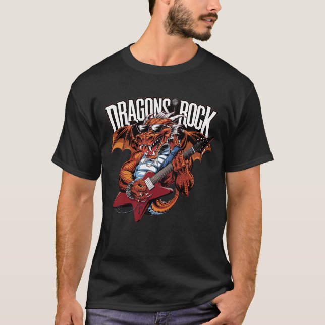 Dragon with sunglasses play Guitar T Shirt (Framsida)