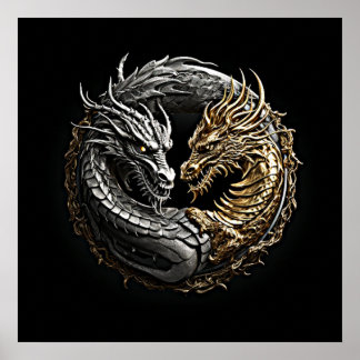 Dragon Yin Yang Art Guld och Silver Poster
