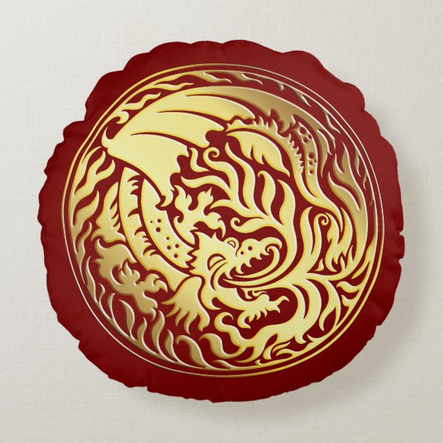 DragonCirk - Guld på Red Rund Kudde (Framsidan)