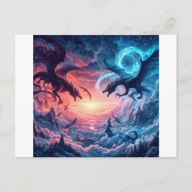 Dragoner som är engagerade i strid om en mystisk vykort (Framsida)