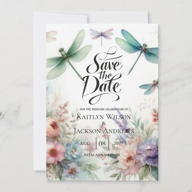 Dragonflies and Pastel Florals Save the Date Spara Datumet (Framsida)