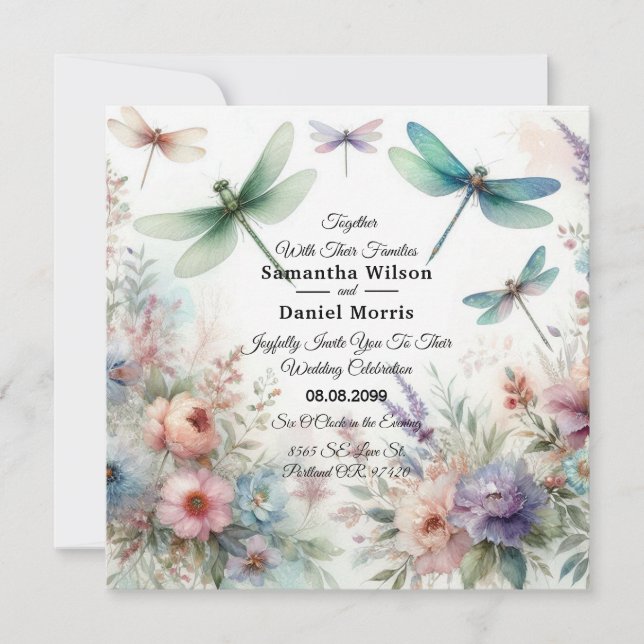 Dragonflies and Pastel Florals Wedding Inbjudningar (Framsida)