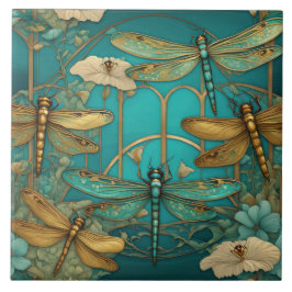 Dragonflies Art nouveau Art Deco Teal Dragonfly Kakelplatta