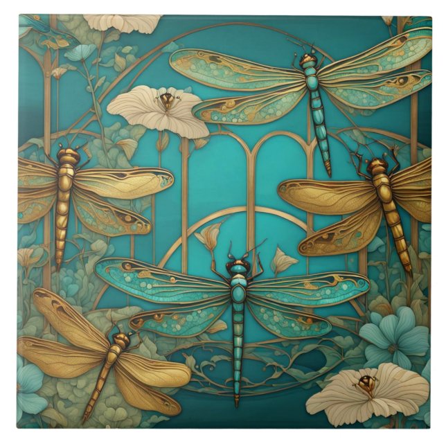 Dragonflies Art nouveau Art Deco Teal Dragonfly Kakelplatta (Framsidan)