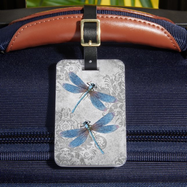 Dragonflies för vintage Grunge Damask Bagagebricka (Framsida Insitu 2)
