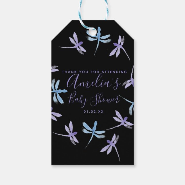 Dragonflies Hand Pasigned Baby Shower Presentetikett (Framsidan)