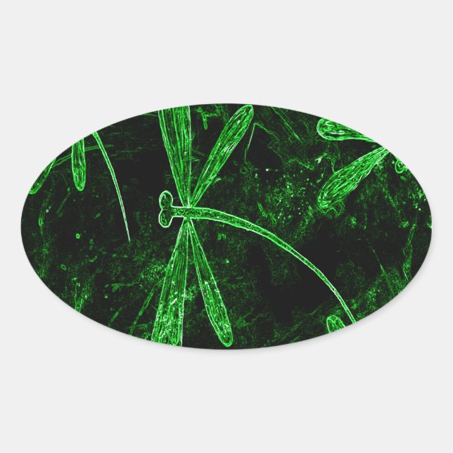 Dragonflies Neon Grönt Ovalt Klistermärke (Framsida)