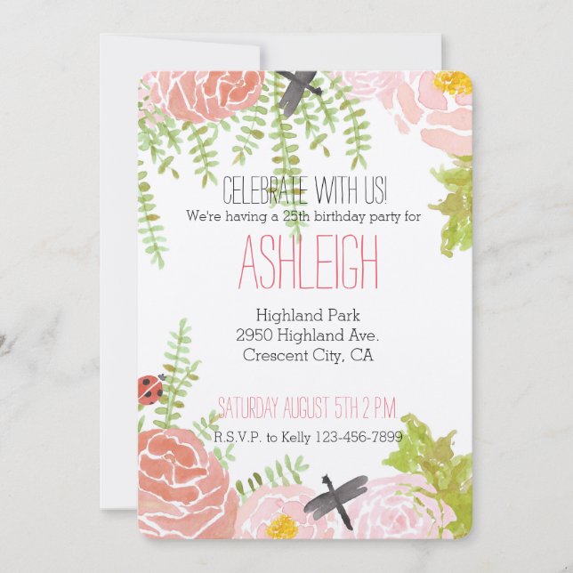 Dragonflies Ro Watercolor Garden fyller år Inbjudningar (Framsida)