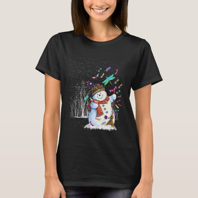 Dragonflies Snowman Scarf Christmas Tree Forest Wi T Shirt (Framsida)