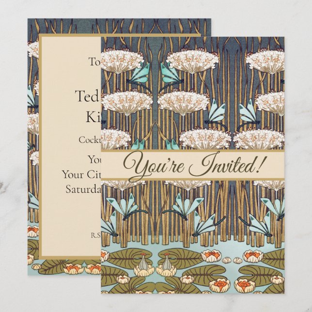 Dragonflies Vatten Lilies Marsh Art nouveau Inbjudningar (Fram/baksida)