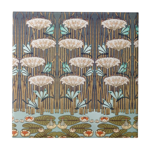 Dragonflies Vatten Lilies Marsh Art nouveau Kakelplatta (Framsidan)