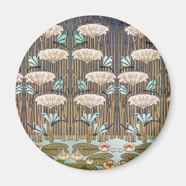 Dragonflies Vatten Lilies Marsh Art nouveau Magnet (Framsidan)