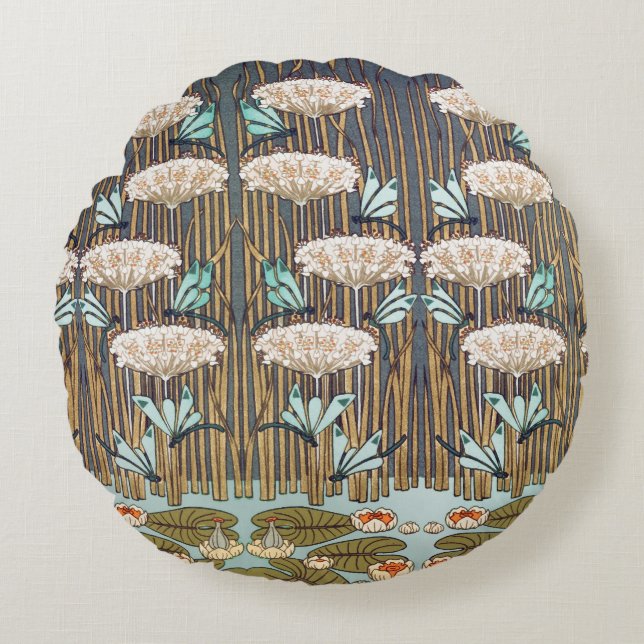 Dragonflies Vatten Lilies Marsh Art nouveau Rund Kudde (Framsidan)