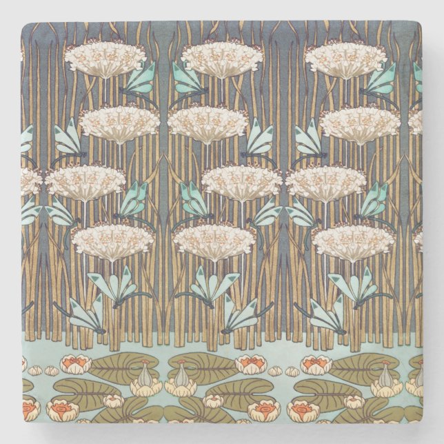 Dragonflies Vatten Lilies Marsh Art nouveau Stenunderlägg (Framsidan)