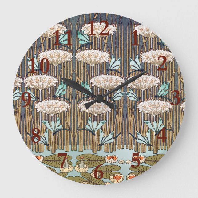 Dragonflies Vatten Lilies Marsh Art nouveau Stor Klocka (Framsida)