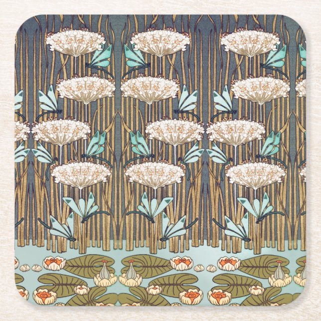 Dragonflies Vatten Lilies Marsh Art nouveau Underlägg Papper Kvadrat (Framsidan)