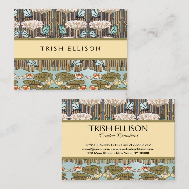 Dragonflies Vatten Lilies Marsh Art nouveau Visitkort (Fram/baksida)