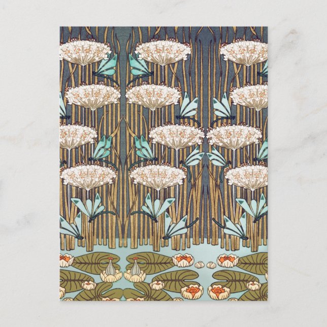 Dragonflies Vatten Lilies Marsh Art nouveau Vykort (Framsida)