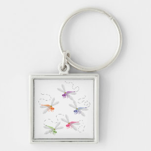 Dragonflies Whimsical Tecknad Art Fyrkantig Silverfärgad Nyckelring
