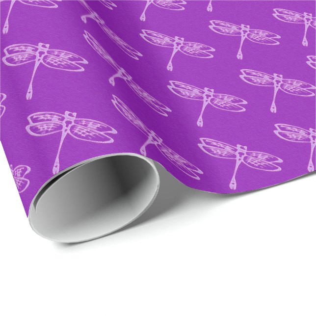 Dragonflugor, blek, orchid på djup lila presentpapper (Rullad Hörn)