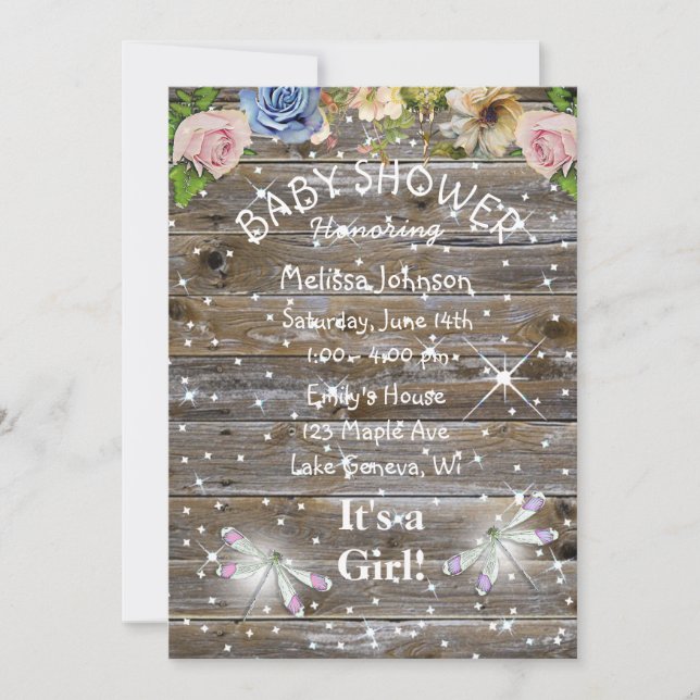 Dragonflugor, blommor och sparkles babyskor inbjudningar (Framsida)