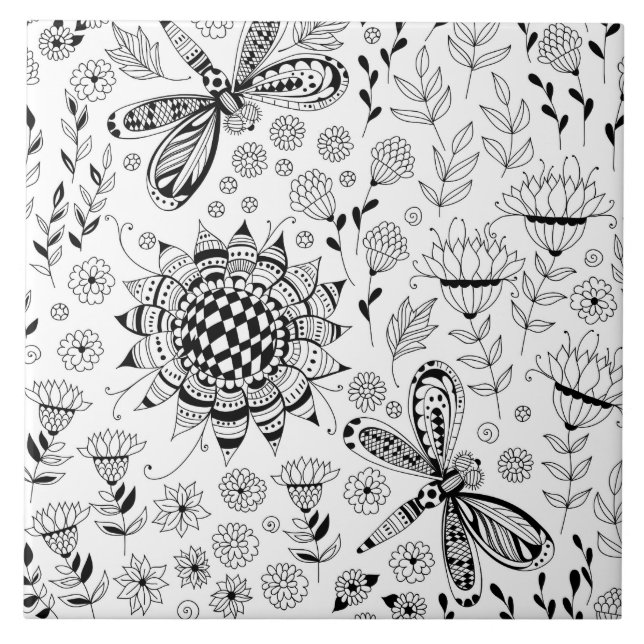 Dragonflugor och blommor kakelplatta (Framsidan)