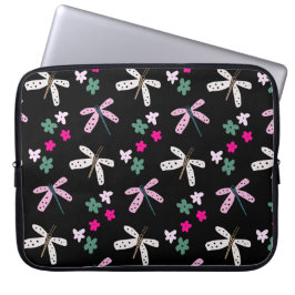 Dragonflugor och blommor på svart laptop fodral