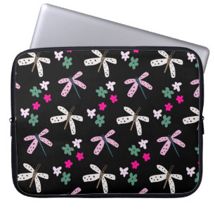 Dragonflugor och blommor på svart laptop fodral