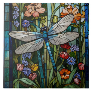 Dragonfly art boho blommigt botaniskt fläckglas kakelplatta