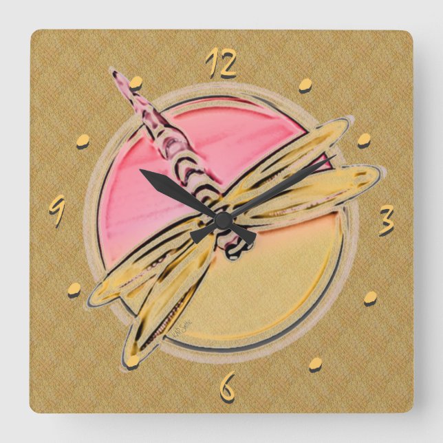 Dragonfly Art i Rosa och Guld Fyrkantig Klocka (Framsida)
