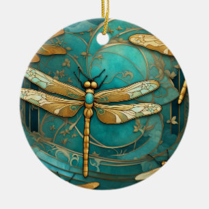 Dragonfly Art nouveau Art Deco Teal & Guld Insektr Julgransprydnad Keramik