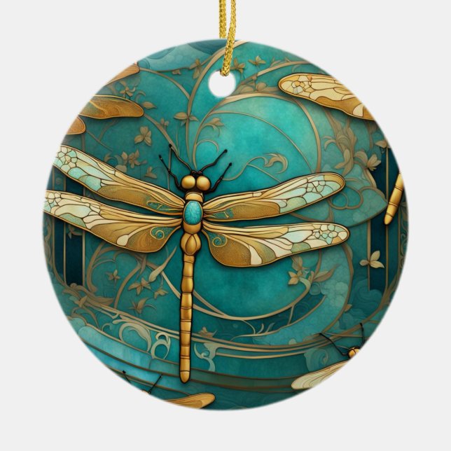 Dragonfly Art nouveau Art Deco Teal & Guld Insektr Julgransprydnad Keramik (Framsidan)