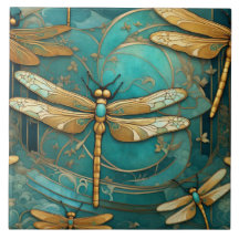 Dragonfly Art nouveau Art Deco Teal & Guld Insektr