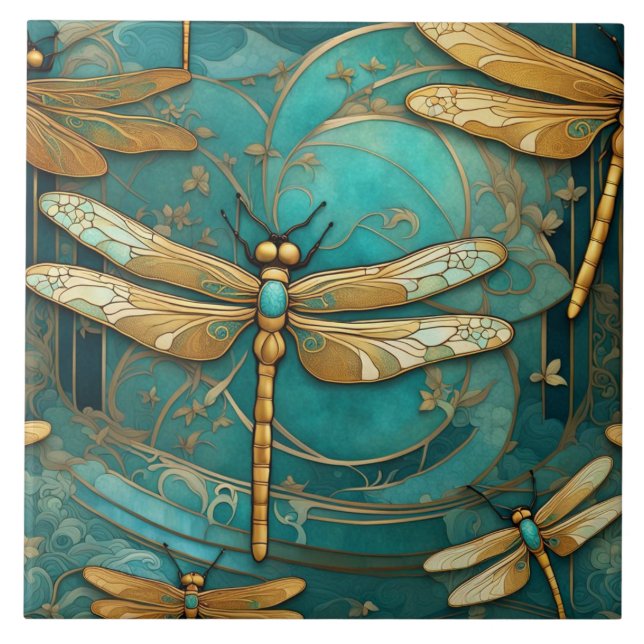 Dragonfly Art nouveau Art Deco Teal & Guld Insektr Kakelplatta (Framsidan)