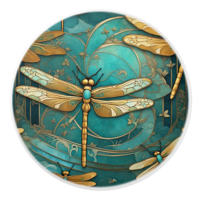 Dragonfly Art nouveau Art Deco Teal & Guld Insektr Knopp (Framsidan)