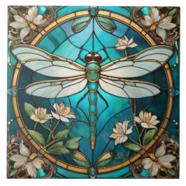 Dragonfly Art nouveau Deco Aqua Blue Stached Glass Kakelplatta