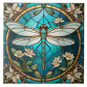 Dragonfly Art nouveau Deco Aqua Blue Stached Glass Kakelplatta