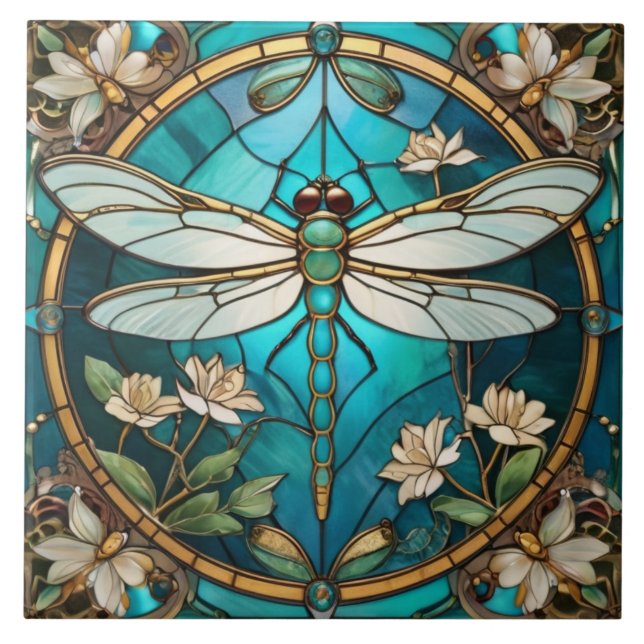 Dragonfly Art nouveau Deco Aqua Blue Stached Glass Kakelplatta (Framsidan)