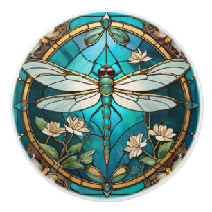Dragonfly Art nouveau Deco Aqua Blue Stached Glass Knopp