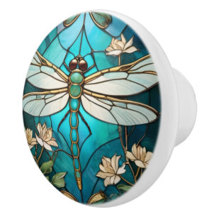 Dragonfly Art nouveau Deco Aqua Blue Stached Glass Knopp