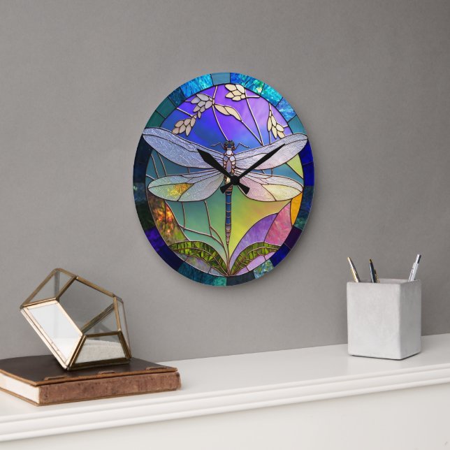 Dragonfly av fastnat glas stor klocka (Kontor)