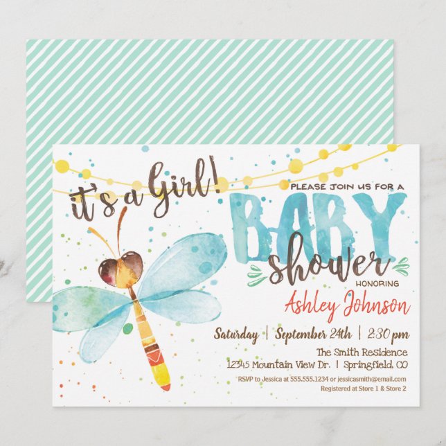 Dragonfly Baby Shower-inbjudan, flicka Inbjudningar (Fram/baksida)