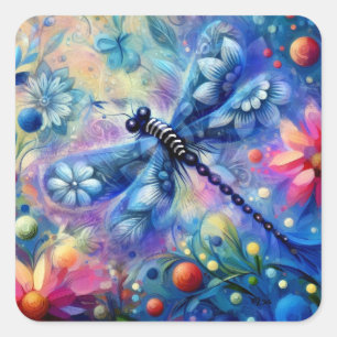 Dragonfly-Blommigt av vild Abstrakt - blått Rosa Fyrkantigt Klistermärke