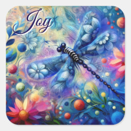 Dragonfly-Blommigt av vild Abstrakt - blått Rosa Fyrkantigt Klistermärke