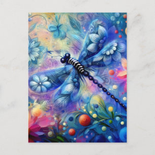 Dragonfly-Blommigt av vild Abstrakt - blått Rosa Vykort