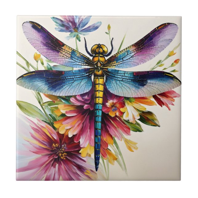 Dragonfly Blommigt Multifärgad Art Kakelplatta (Framsidan)